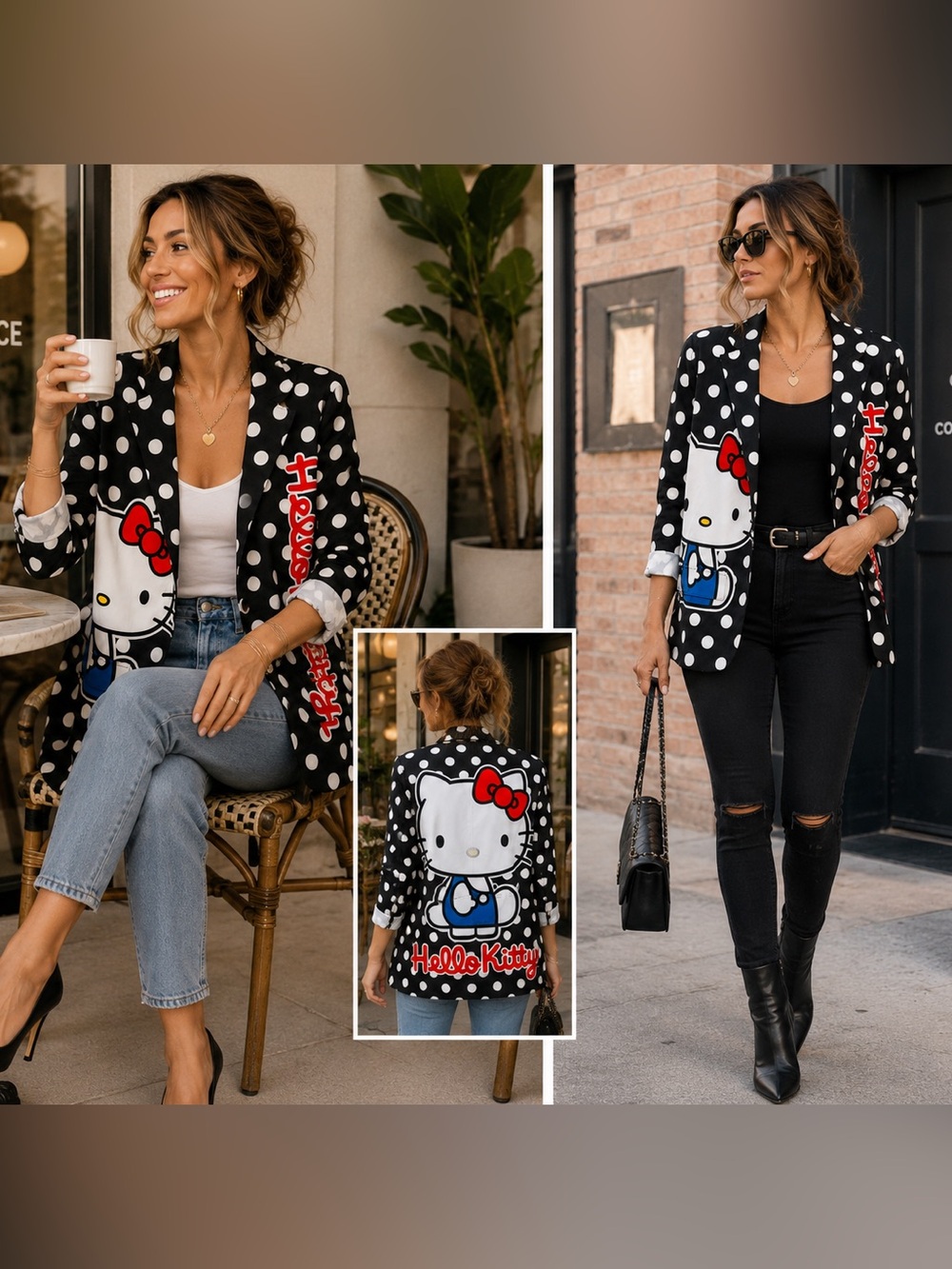 Hello Kitty Polka Dot Blazer Statement Jacket Black White NWOT
